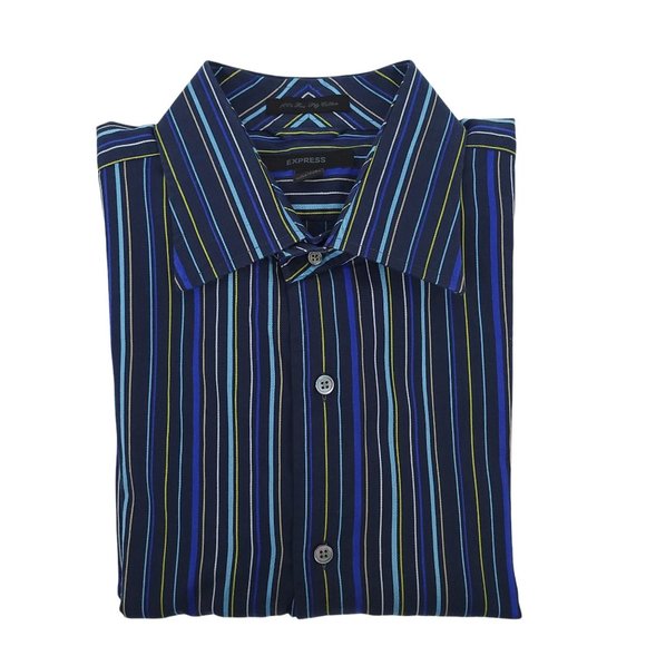 Express Modern Fit Long Sleeve Button Up Shirt Mens XL Blue Stripe Cotton - Picture 7 of 7